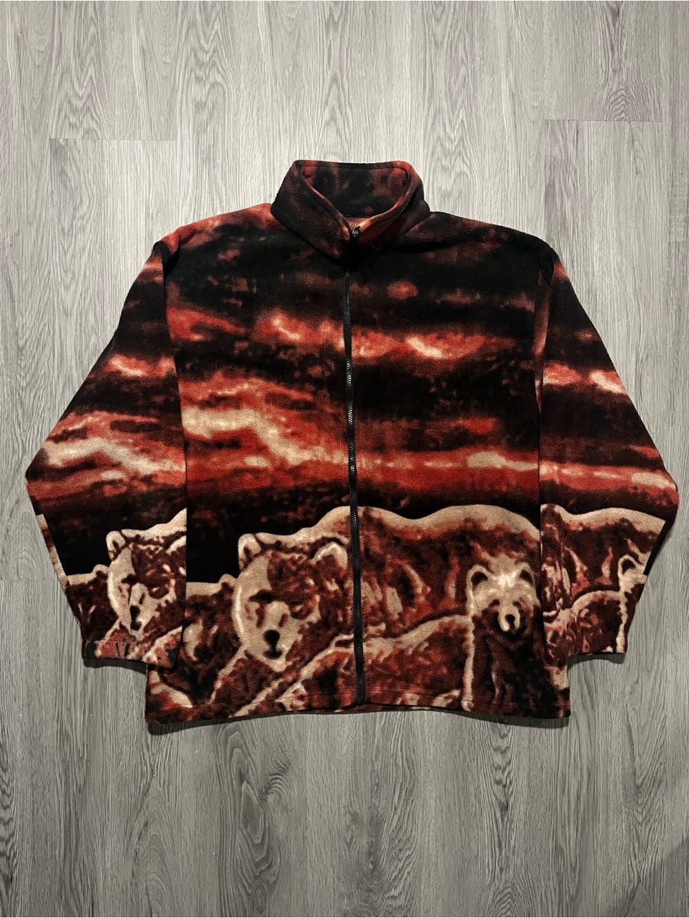 Vintage nature bear AOP full zip fleece sweater men’s large 